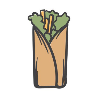 Shawarma. Sokak yemeği. Yapıştırma, Yazdırma, Simge için Basit Vektör El Çizimi. Vektör illüstrasyonu