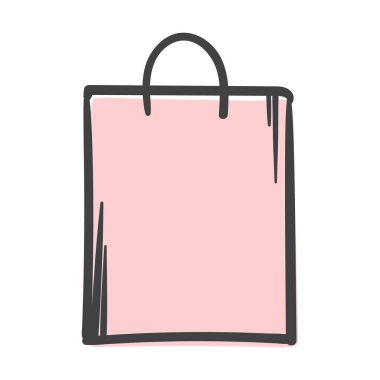 Pembe hediye çantası. Alışveriş ve alışverişler. El çizimi vektör çizimi beyaz arka planda izole edildi. Simge, baskı, pankart için resim. Vektör illüstrasyonu