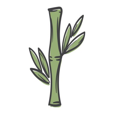 Bir bambu dalı. Etiket, simge ve baskı için vektör illüstrasyonu. Basit El Çizimi Resmi Beyaz Arkaplanda izole edildi. Vektör illüstrasyonu