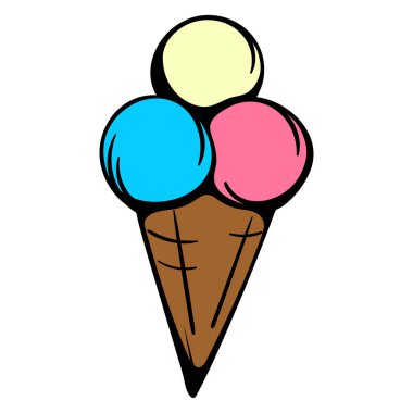 Üç renkli taşaklı dondurma külahı. Şekerler. Etiket, simge ve baskı için basit bir vektör çizimi. Tasarım ögesi beyaz arkaplanda izole edildi. Vektör illüstrasyonu