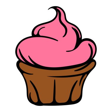 Pembe kremalı kek. Çörek. Etiket, simge ve baskı için basit bir vektör çizimi. Tasarım ögesi beyaz arkaplanda izole edildi. Vektör illüstrasyonu