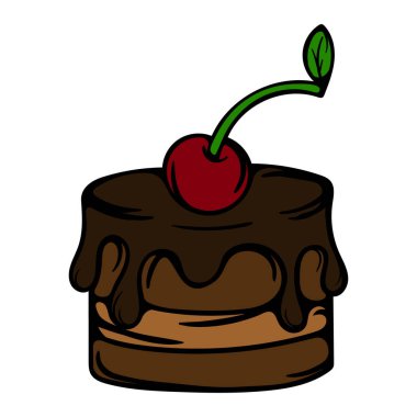 Kremalı ve kirazlı çikolatalı pasta. Şekerler. Etiket, simge ve baskı için basit bir vektör çizimi. Tasarım ögesi beyaz arkaplanda izole edildi. Vektör illüstrasyonu