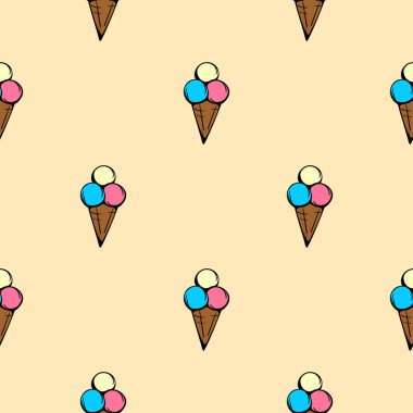 Waffle bardağında dondurma topları. Ambalaj kağıdı, baskı ve tekstil için vektörsüz desen. Çizgi film resimleriyle dolu parlak bir arkaplan. Vektör illüstrasyonu
