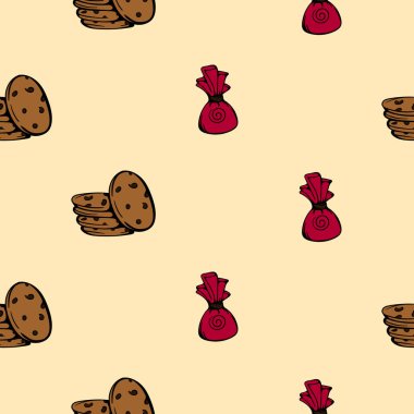 Şekerler ve kurabiyeler. Şekerler. Ambalaj kağıdı, baskı ve tekstil için vektörsüz desen. Çizgi film resimleriyle dolu parlak bir arkaplan. Vektör illüstrasyonu