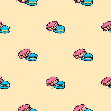 Makarna. Şekerler. Ambalaj kağıdı, arkaplan, tekstil için kusursuz desen. Yazdırma, çıkartma ve simge için vektör illüstrasyonu. Vektör illüstrasyonu