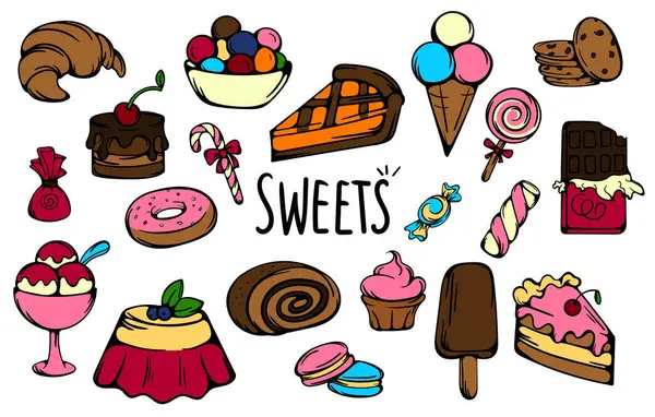 Şekerler. Çıkartmalar, baskılar, ikonlar, kitaplar için renk vektör elementleri kümesi. El çizimi karikatür çizimleri. Vektör illüstrasyonu