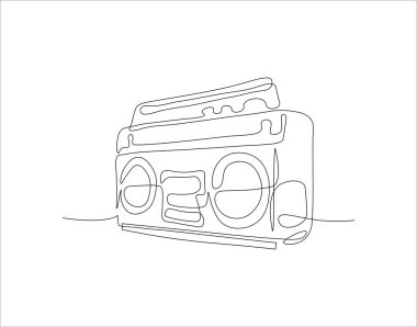 Eski moda analog radyo kasetinin kesintisiz çizimi. Bir sıra radyo teybi. Radyo teybi aralıksız hat sanatı. Düzenlenebilir Özet.