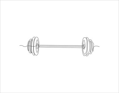 Dumbbell 'ın kesintisiz çizimi. Bir sıra halter. Halter Devamlılık Çizgisi Sanatı. Düzenlenebilir Özet.