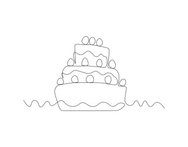 Doğum günü pastasının kesintisiz çizimi. Bir sıra kek. Doğum günü Pastası Devamlı Çizgi Sanatı. Düzenlenebilir Özet.