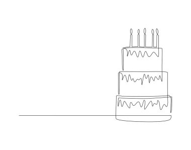 Doğum günü pastasının kesintisiz çizimi. Bir sıra kek. Doğum günü Pastası Devamlı Çizgi Sanatı. Düzenlenebilir Özet.