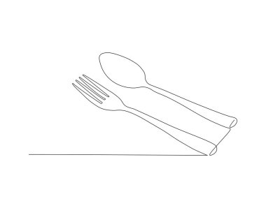 Sürekli kaşık ve çatal çizimi. Bir kaşık ve çatal. Gümüş çatal bıçak aralıksız çizgi sanatı. Düzenlenebilir Özet.