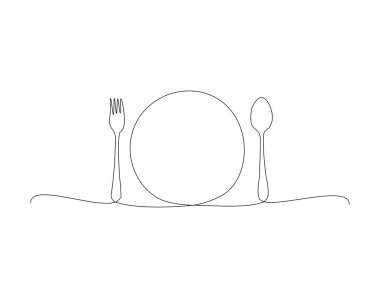 Sürekli kaşık ve çatal çizimi. Bir kaşık ve çatal. Gümüş çatal bıçak aralıksız çizgi sanatı. Düzenlenebilir Özet.