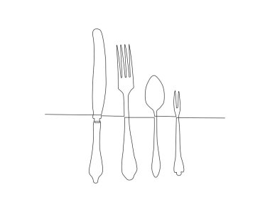 Sürekli kaşık ve çatal çizimi. Bir kaşık ve çatal. Gümüş çatal bıçak aralıksız çizgi sanatı. Düzenlenebilir Özet.