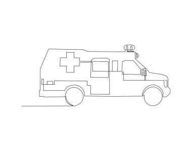 Ambulans minibüsünün kesintisiz çizimi. İlk yardım minibüsünün bir hattı. Ambulans Devamlılık Hattı Sanatı. Düzenlenebilir Özet.