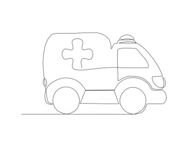 Ambulans minibüsünün kesintisiz çizimi. İlk yardım minibüsünün bir hattı. Ambulans Devamlılık Hattı Sanatı. Düzenlenebilir Özet.