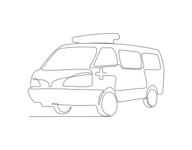 Ambulans minibüsünün kesintisiz çizimi. İlk yardım minibüsünün bir hattı. Ambulans Devamlılık Hattı Sanatı. Düzenlenebilir Özet.