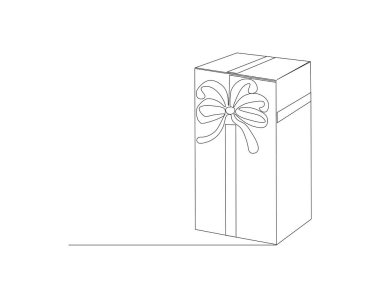 Kurdeleli ve Fiyonklu hediye kutusunun aralıksız çizimi. Bir satır hediye kutusu lütfen. Şimdiki Kutu Devamlılık Çizgisi Sanatı. Düzenlenebilir Özet.