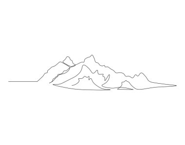 Dağ sırasının aralıksız çizgileri. Atlar ve yüksek zirveler basit bir çizgide. Dağ sürekli çizgi sanatı. Düzenlenebilir özet.