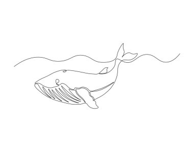 Mavi balina balığının kesintisiz çizimi. Bir sıra yüzen mavi balina. Deniz hayvanı konsepti sürekli çizgi sanatı. Düzenlenebilir özet.