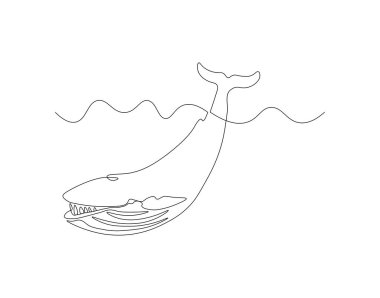 Mavi balina balığının kesintisiz çizimi. Bir sıra yüzen mavi balina. Deniz hayvanı konsepti sürekli çizgi sanatı. Düzenlenebilir özet.