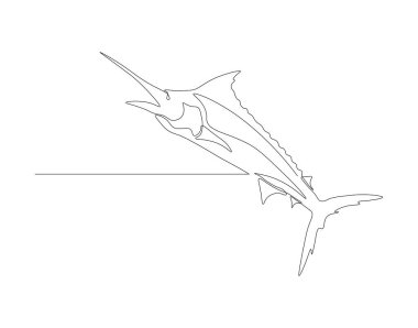 Devamlı kılıçbalığı çizimi. Bir sıra kılıçbalığı. Deniz hayvanı konsepti sürekli çizgi sanatı. Düzenlenebilir özet.