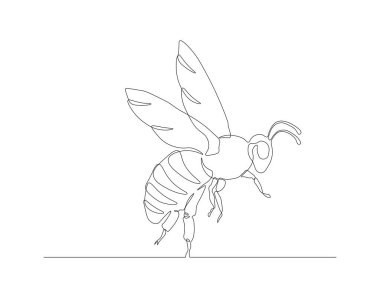 Sürekli arı çizgisi çizimi. Bir sıra uçan arı. Uçan böcekler konsepti sürekli çizgi sanatı. Düzenlenebilir özet.