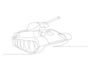 Devamlı tank çizgisi. Bir sıra askeri tank. Savaş aracı konsepti sürekli çizgi sanatı. Düzenlenebilir özet