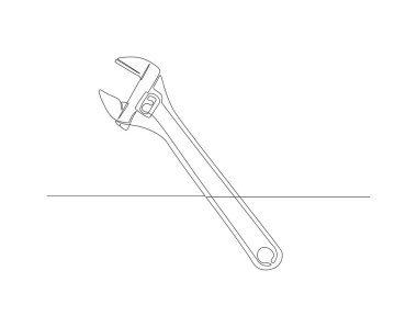 İngiliz anahtarının aralıksız çizimi. Bir satır mekanik ingiliz anahtarı. İşçi aracı konsepti sürekli çizgi sanatı. Düzenlenebilir özet