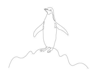 Sürekli penguen çizimi. Bir sıra penguen. Antarktika hayvan konsepti sürekli çizgi sanatı. Düzenlenebilir özet.