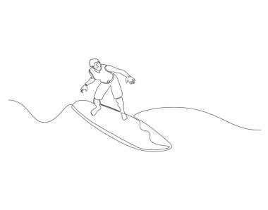 Dalgalar üzerinde sörf yapan sörfçülerin durmaksızın çizdiği çizgi. Sörfçülerin bir çizgisi. Aşırı su sporları konsepti sürekli çizgi sanatı. Düzenlenebilir özet.  