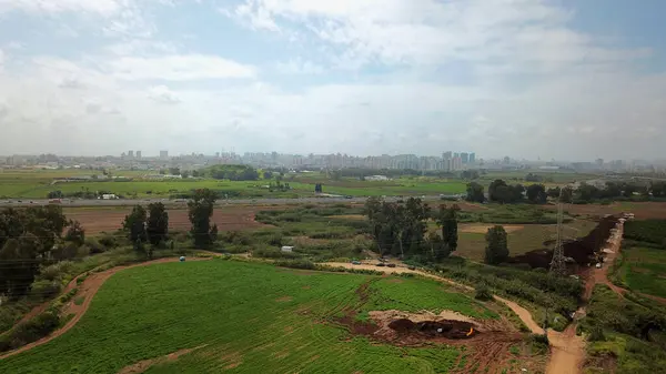 Arkaplanda şehir silueti olan tarımsal yeşil alan hava görüntüsü