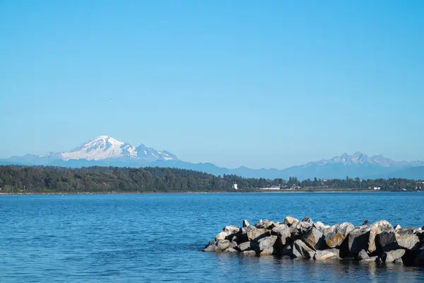 Arkasında karla kaplı dağlar olan deniz..