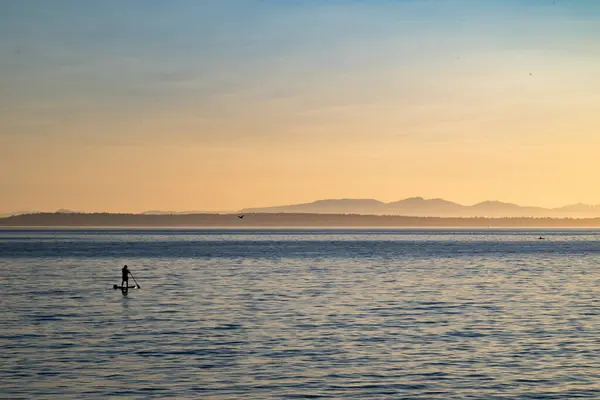 Gün batımında denizde ayakta duran bir adamın silueti.