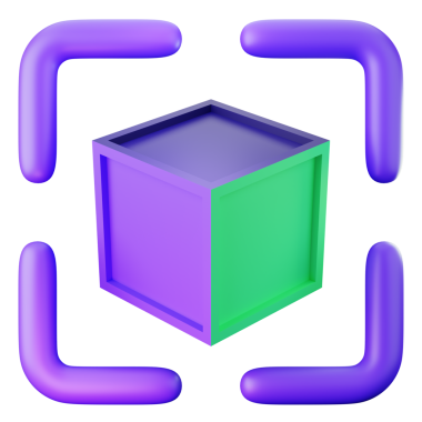 Tarama çerçeveleriyle çevrili bir küp, teknoloji ve yenilik temaları için ideal.