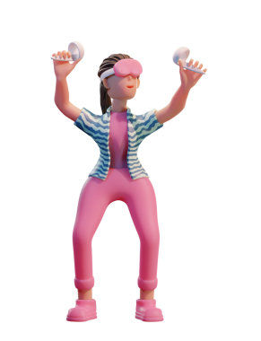 VR kulaklıklı karakter kadın, Metaverse 3d Görüntü