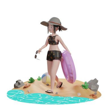 Yüzen balonlu bir kadın. 3D Görüntü Beyaz Arkaplanda İzole Edildi 