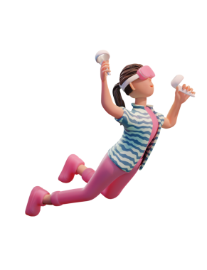 VR kulaklıklı karakter kadın, Metaverse 3d Görüntü