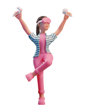 VR kulaklıklı karakter kadın, Metaverse 3d Görüntü