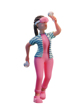 VR kulaklıklı karakter kadın, Metaverse 3d Görüntü