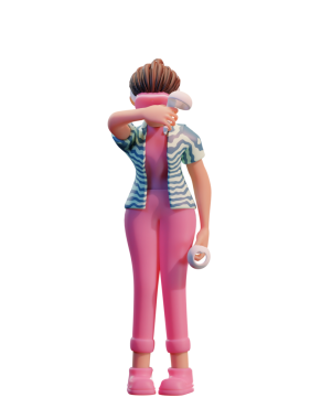 VR kulaklıklı karakter kadın, Metaverse 3d Görüntü