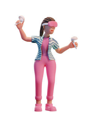 VR kulaklıklı karakter kadın, Metaverse 3d Görüntü