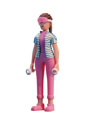 VR kulaklıklı karakter kadın, Metaverse 3d Görüntü