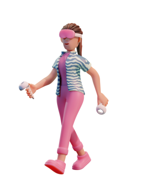 VR kulaklıklı karakter kadın, Metaverse 3d Görüntü