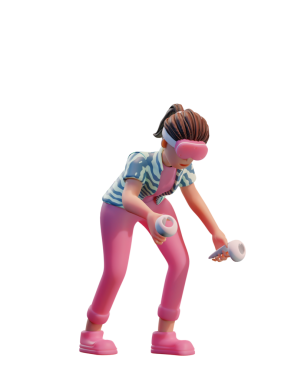 VR kulaklıklı karakter kadın, Metaverse 3d Görüntü