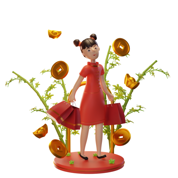 Paralı Kadın, Ingot, Bambu. Çin Yeni Yıl Kavramı. 3B Görüntü Beyaz Arkaplanda İzole Edildi