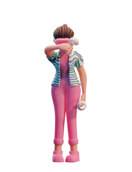 VR kulaklıklı karakter kadın, Metaverse 3d Görüntü