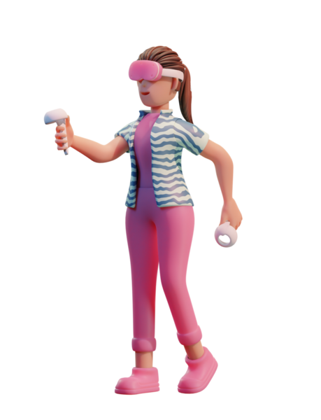VR kulaklıklı karakter kadın, Metaverse 3d Görüntü