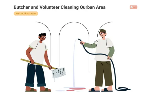 Qurban Bölgesini Temizleyen Kasap ve Gönüllü, Beyaz Arkaplanda Renkli Kavram