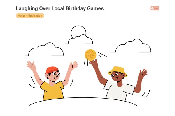 Yerel doğum günü oyunlarına gülüşmeler, beyaz arka planda izole edilmiş renkli kavram.