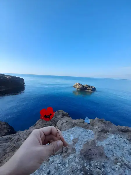 Açık mavi sularda yüzen küçük bir adanın görüntüsü Kırmızı çiçekli bir insan eli tarafından tutuluyor